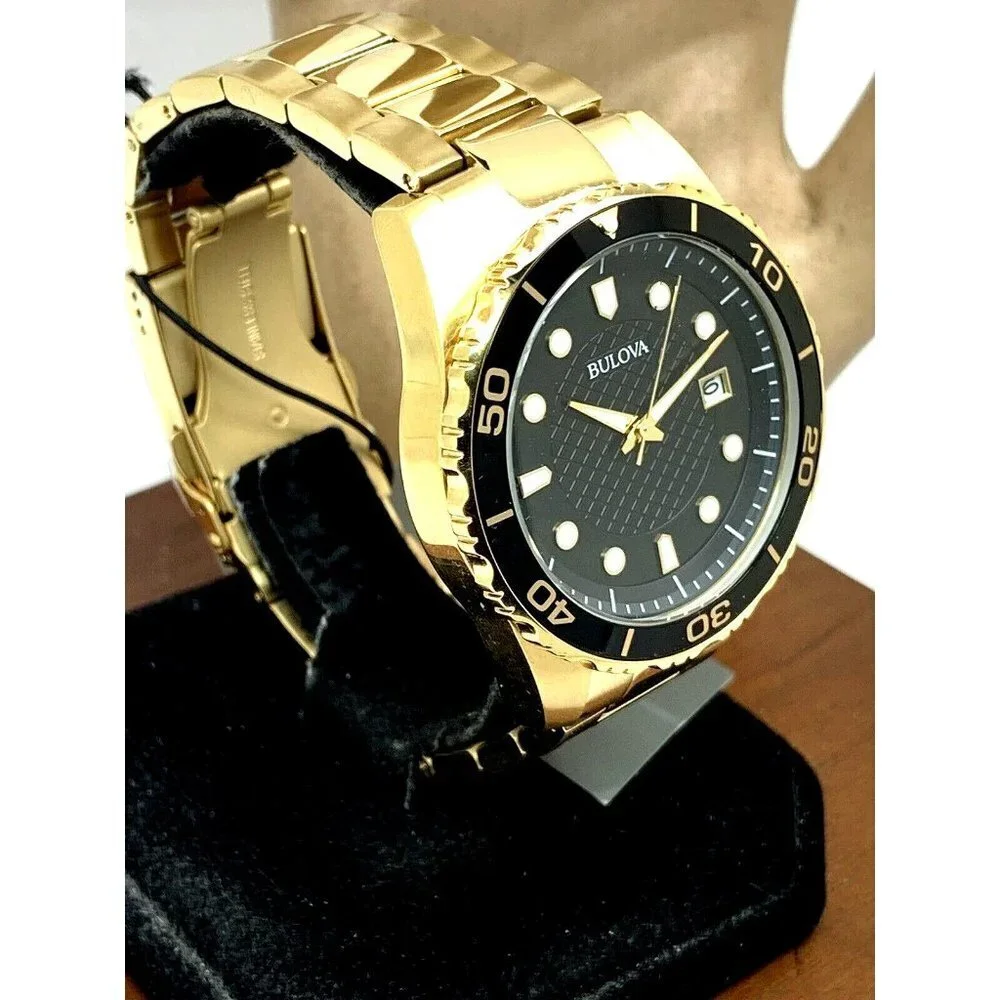 Bulova Men's Watch 98B375 Quartz Gold Black Dial Date Stainless Steel 43mm